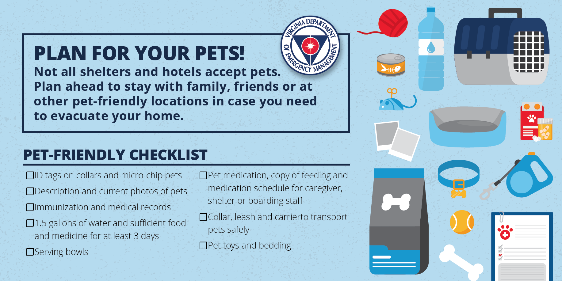 Prepare Your Pets Checklist Graphic from VDEM. Checklist says to have food, water, and supplies