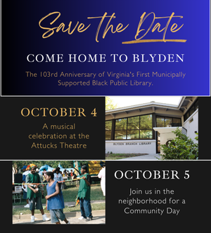 picture of Blyden branch library and of teens at a community fair. 