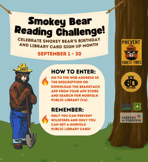 Graphic ad for Smokey Bear Reading Challenge. Image of Smokey bear, flames and tree. 