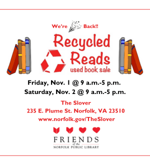 Graphic ad for Recycled Reads featuring clip art of books and Friends of NPL logo. 