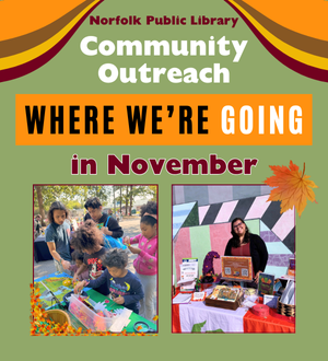 A fall-colored ad with two leaf graphics and two pictures of outreaches.