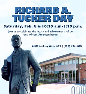 ad for Tucker day featuring Richard A. Tucker statue and front of Tucker Memorial Library. 