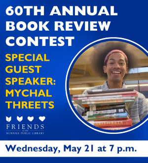 Graphic with a photo of Mychal Threets holding books and the title and date on the left side.