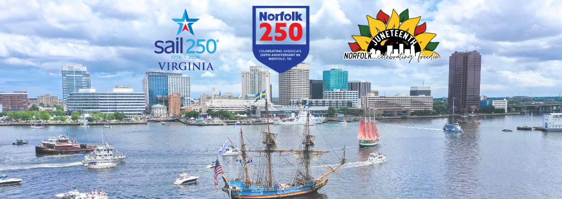 Juneteenth Norfolk250 Sail250 with image of Elizabeth River and Harborfest fleet