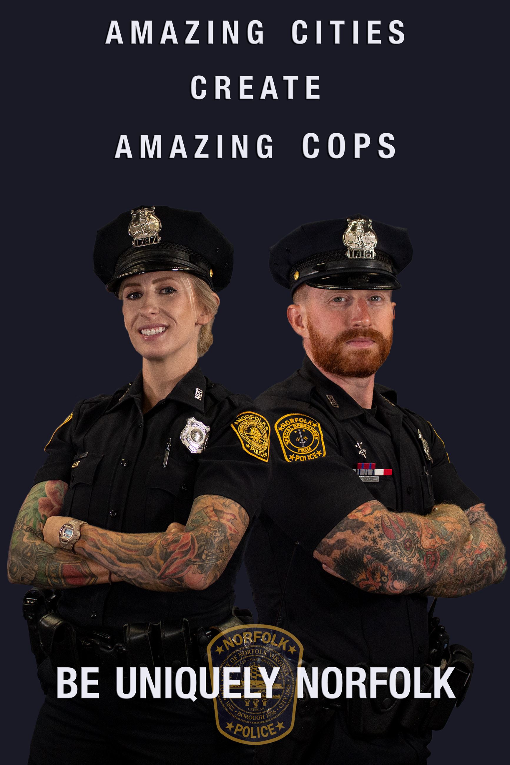 One Female Officer with tattoo and One Male Officer with Beard and Tattoo